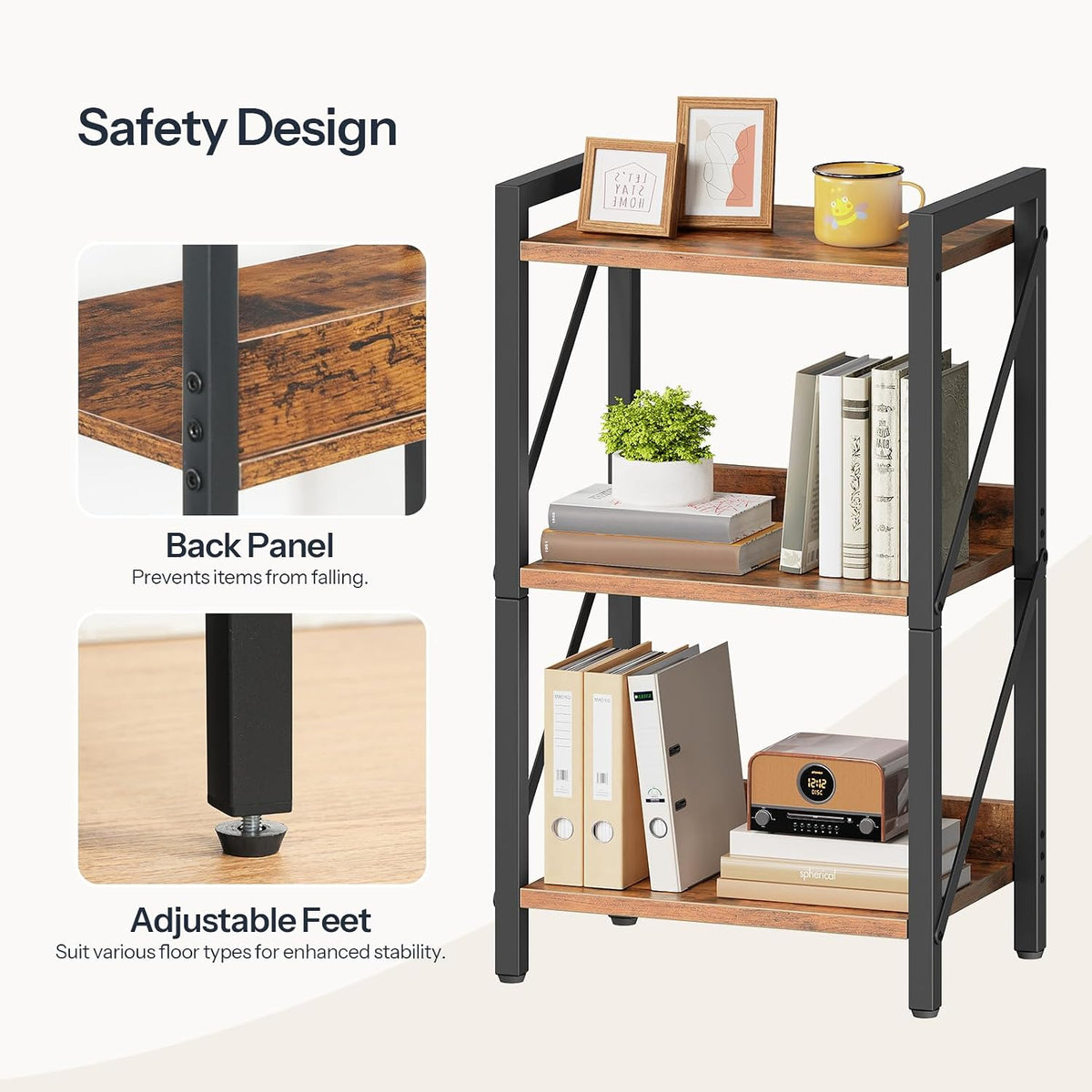 HOOBRO Bookshelf, 3-Tier Industrial Bookcase, Book Shelf Storage Organizer, S...