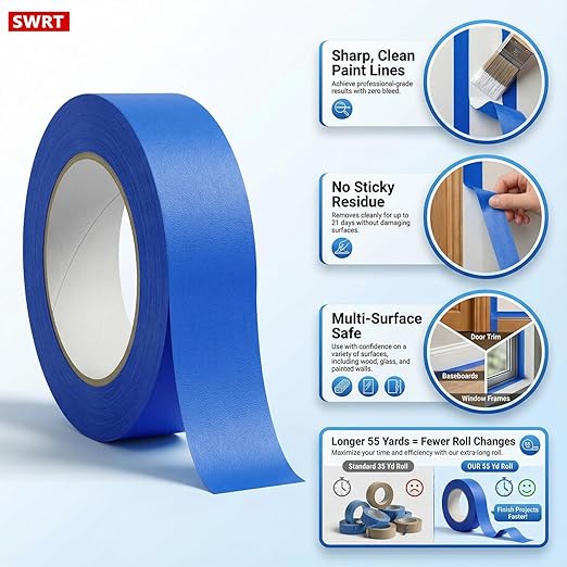 SWRT Blue Painter's Tape 1 Inch x 55 Yards x 24 Rolls – Upgraded Adhesive - Image 3