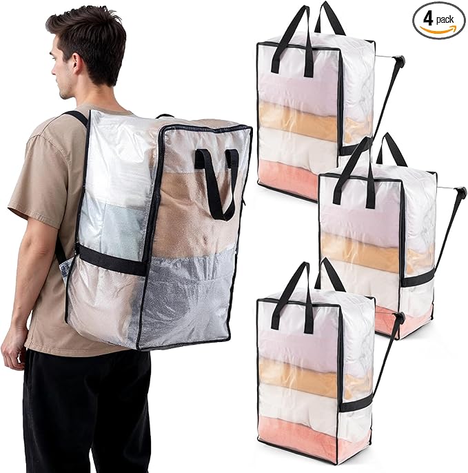 TAILI 4 Pack Clear Moving Bags w/Adjustable Backpack Straps, Moving Supplies by TAILI