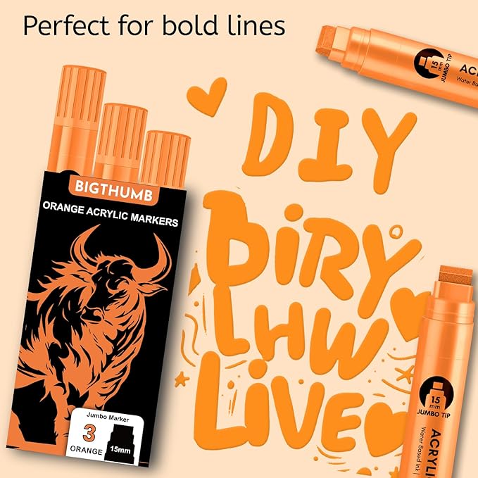 BIGTHUMB 3 Pcs Orange Jumbo Permanent Markers: 15mm Wide Tip Thick Acrylic - Image 6