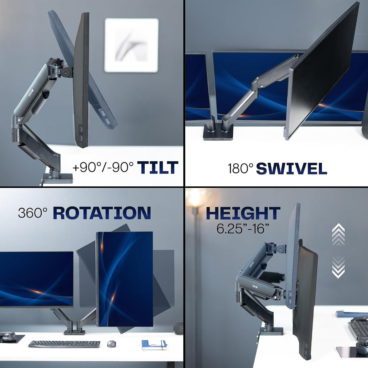 vivo dual monitor stand, fully adjustable arms for, front angle view