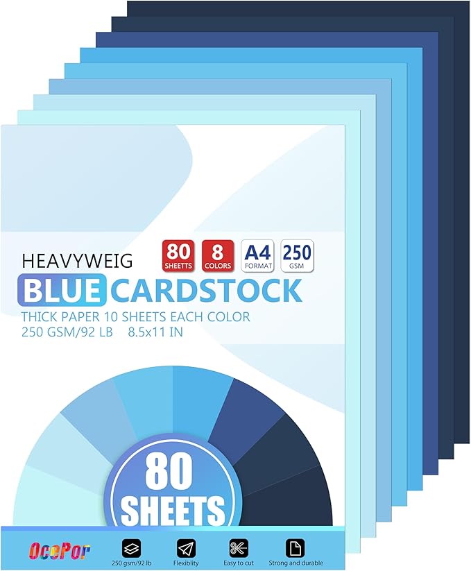 OcePor 80 Sheets Blue Cardstock Paper, Colored Printer Paper 8.5 x 11, Thick by OcePor