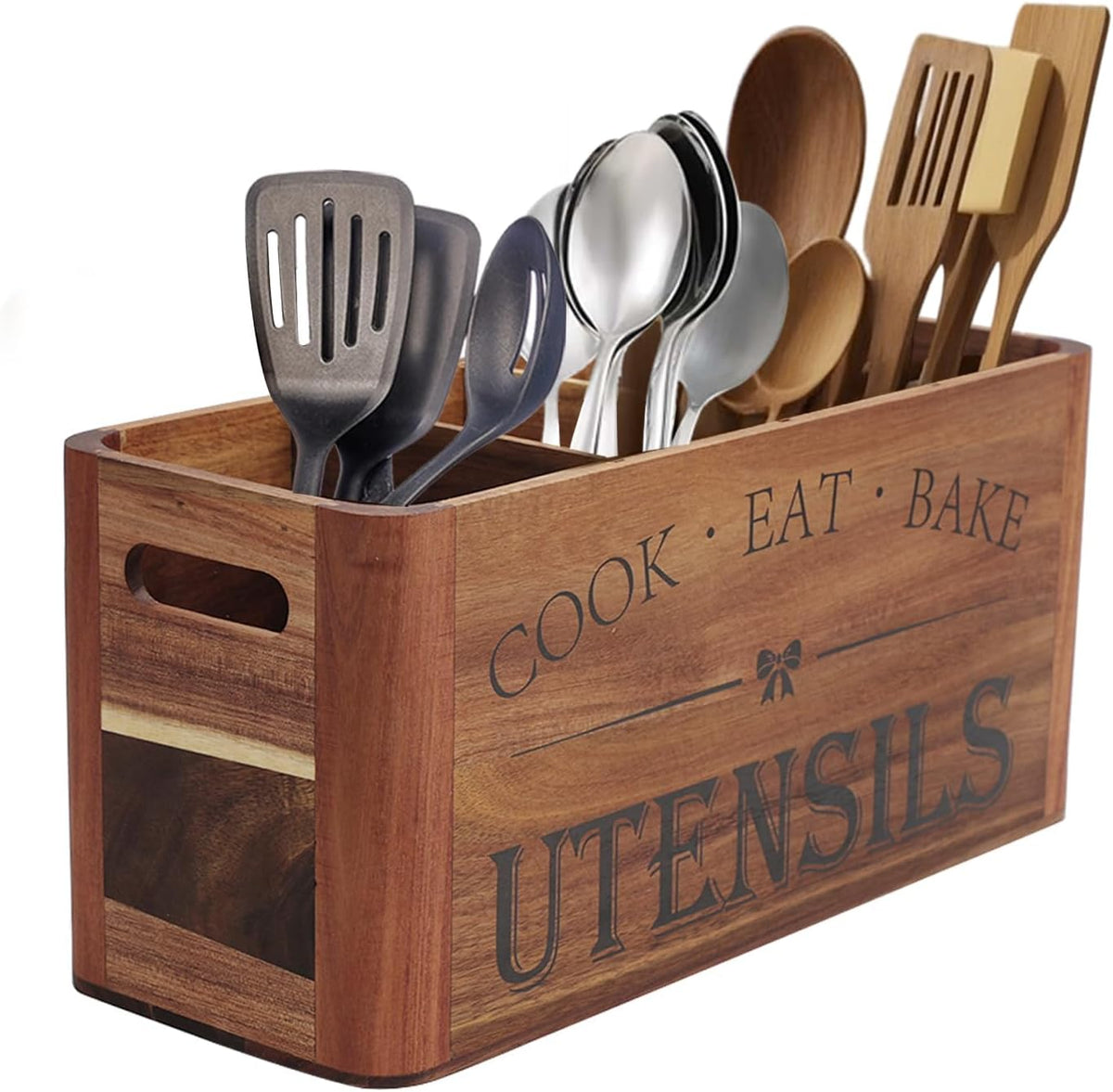 Utensil Holder for Kitchen Countertop - Extra Large 4 Compartment Wooden Orga...