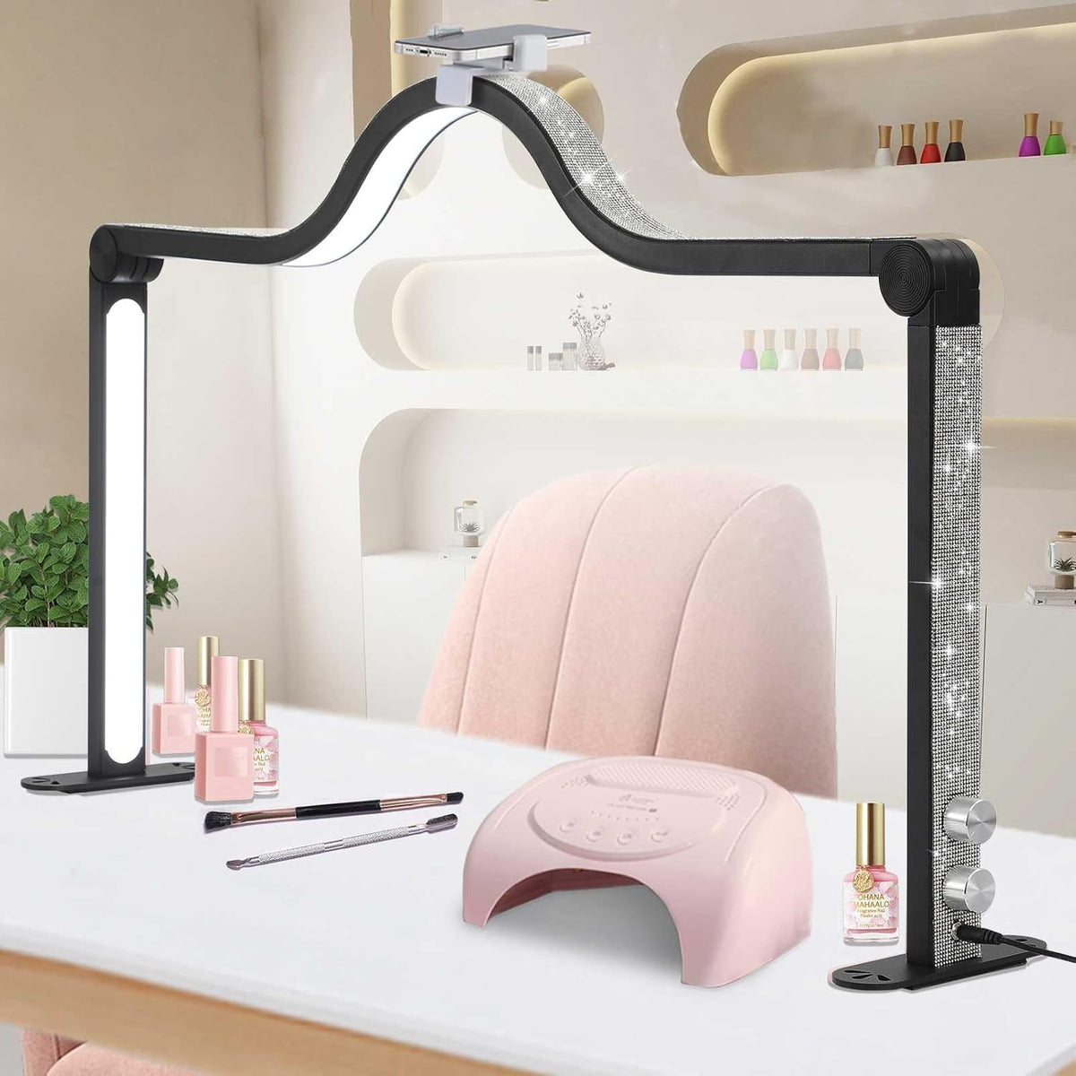 Half Moon Light for Nail Desk, 34.5In Foldable Square Nail Tech Lamp with Pho...