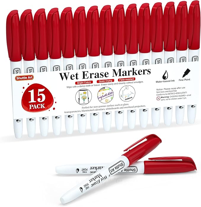 Shuttle Art Wet Erase Markers, 15 Pack Red 1mm Fine Tip Smudge-Free Markers by ShuttleArt