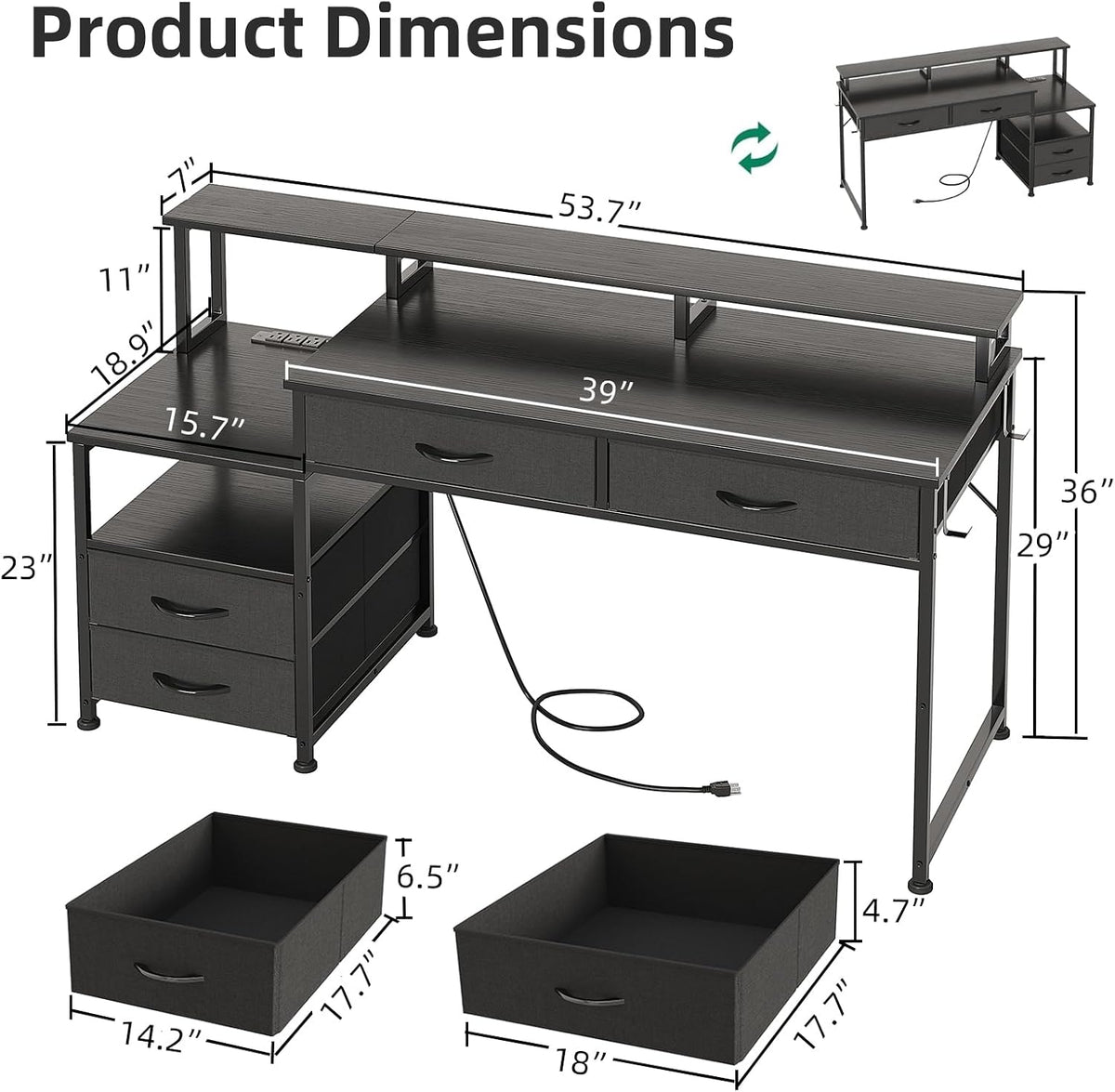 MUTUN 53" Computer Desk with 4 Drawers & Power Outlets, Reversible H...