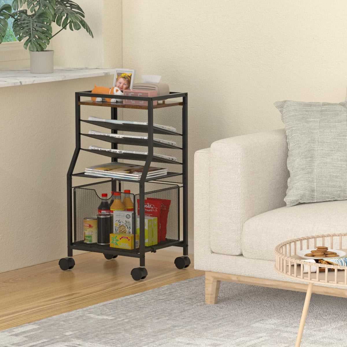BOHDK Rolling File Cart, 6-Tier Desk File Organizer on Lockable Wheels, Brown...