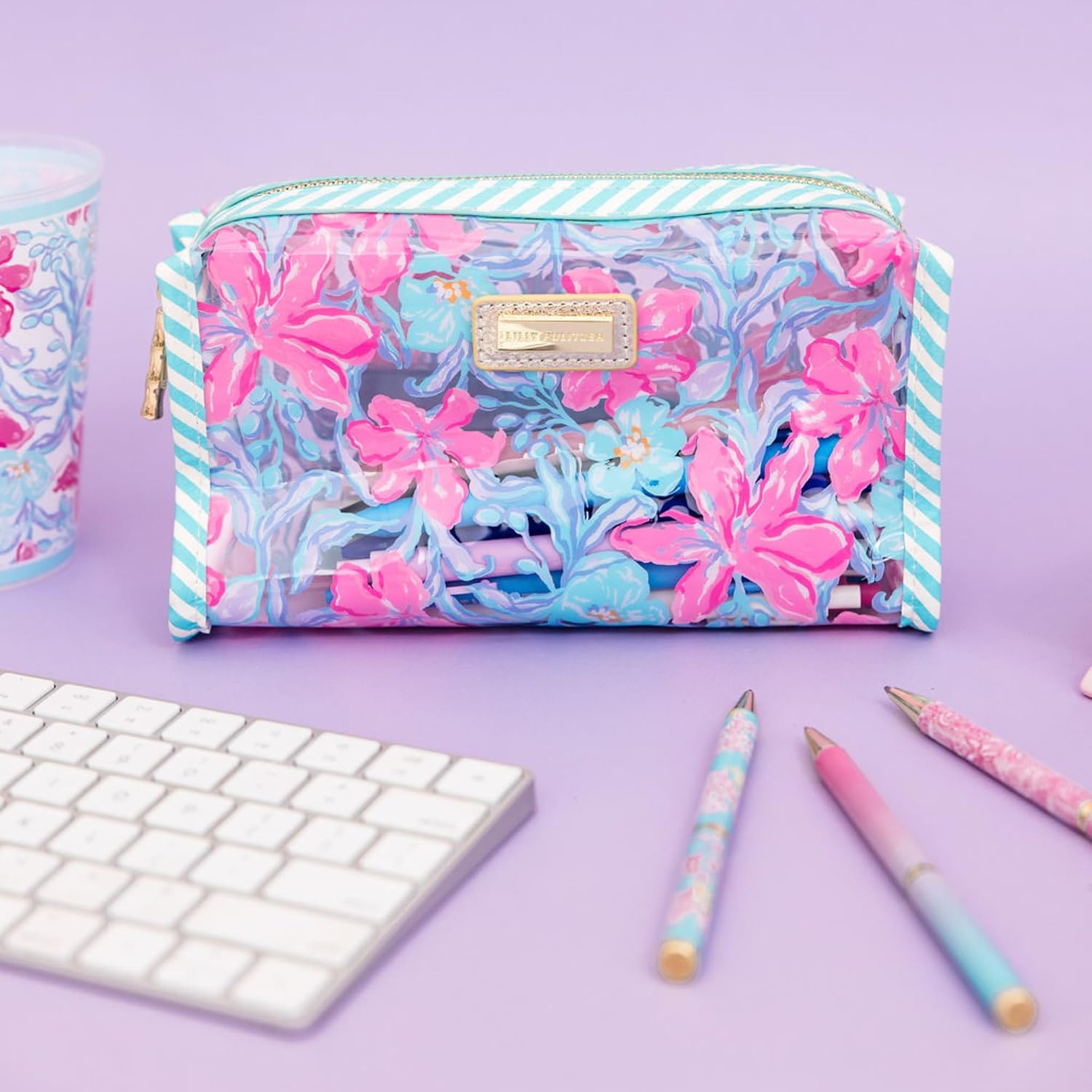 Lilly Pulitzer Vinyl Pouch, Beachside Haven | Cute, Semi-Clear, Water Resistant, Zipper Bag Pencil Case for Stationery, Small Toiletries, and Makeup