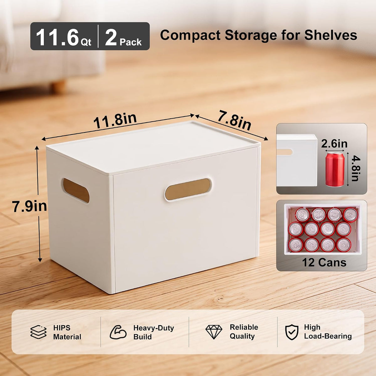 Plastic Storage Box with Lids Stackable 4Side Handles, 11.6QT-2PCS