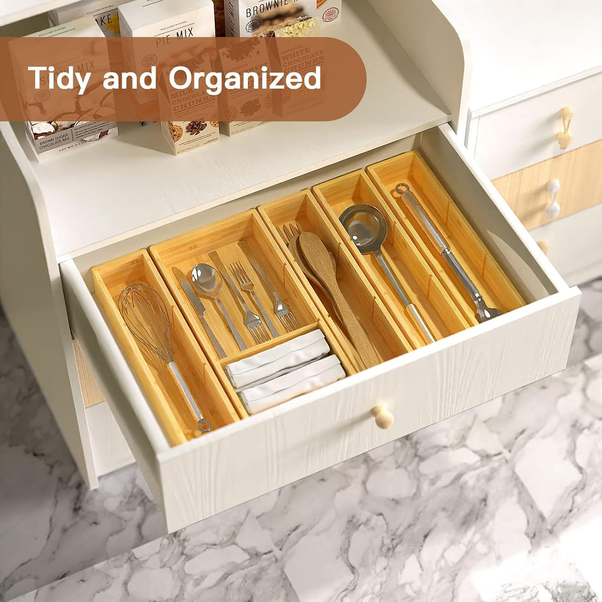 DUJEN 5 pieces Bamboo Drawer Organizer, Adjustable 3 Individual Junk Drawer o...