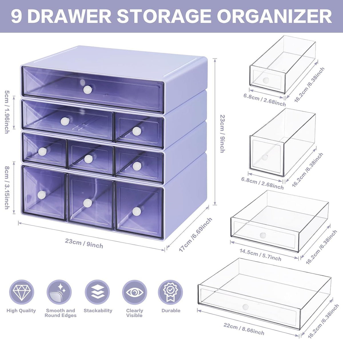 Desk Storage Organizer with 9 Drawers, 4 Tiers Stackable Desktop Craft Storag...