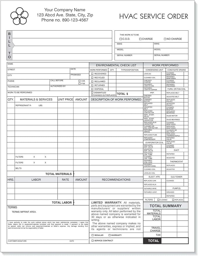 HVAC Service Order Invoice & Repair Detail Form, 3 Part Carbonless, Letter Size by NextDayLabels