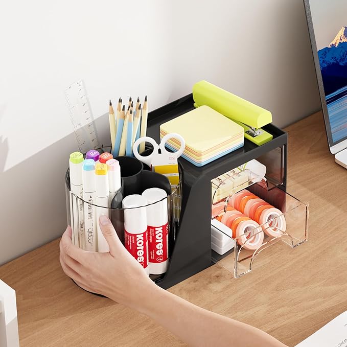 Marbrasse Desk Organizer with 2 Drawer, 360°Rotating Pen Holder, Desk - Image 6