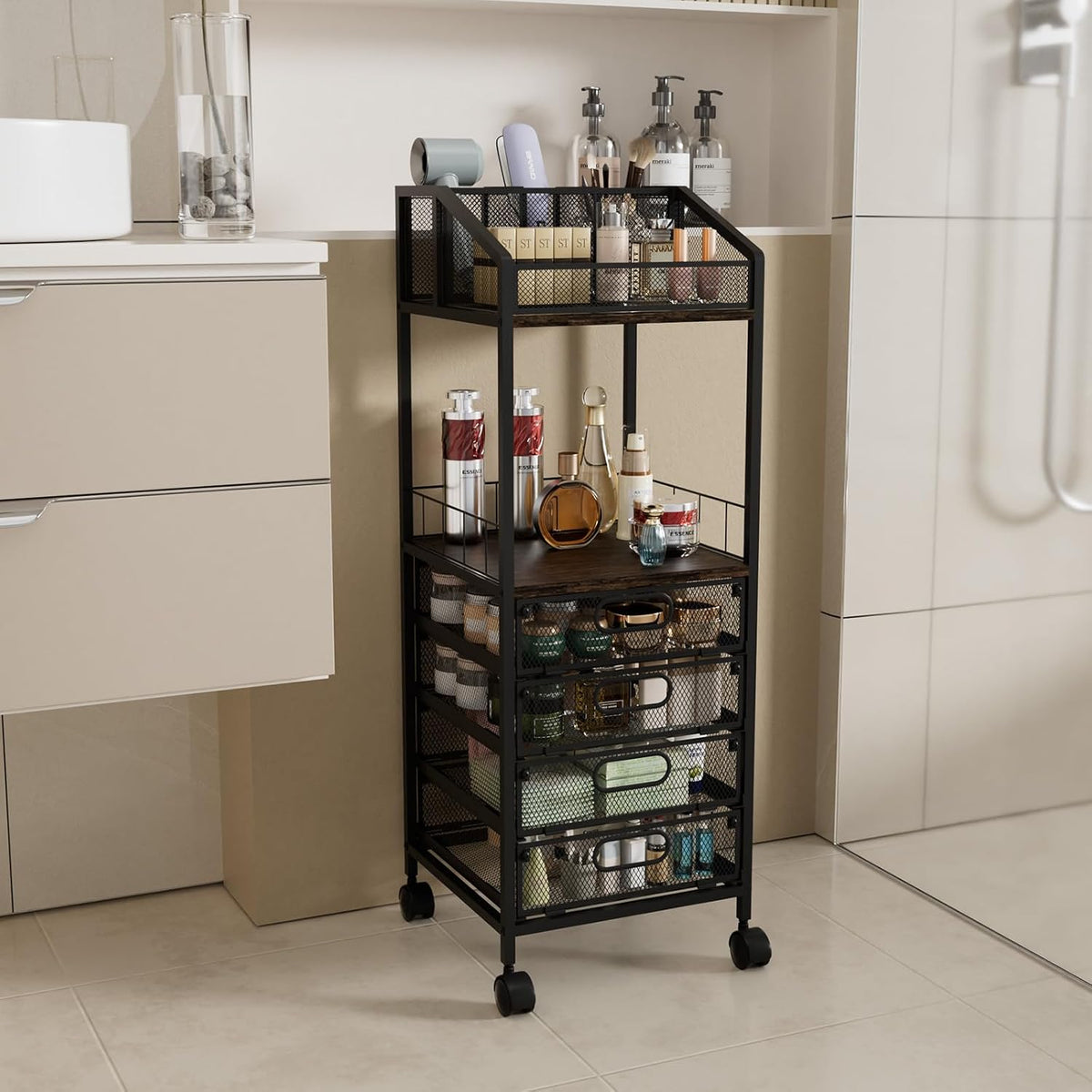 HapiRm Makeup Organizer Storage Cart - Floor Skincare Make Up Storage with 4 ...