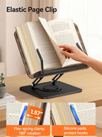 Tounee Book Stand, 360° Rotating Reading Book Holder, Adjustable Cookbook Holder for Reading Hands-Free, Foldable Desktop Recipe Book Stand with Protective Page Clips, Fits All Books - Black