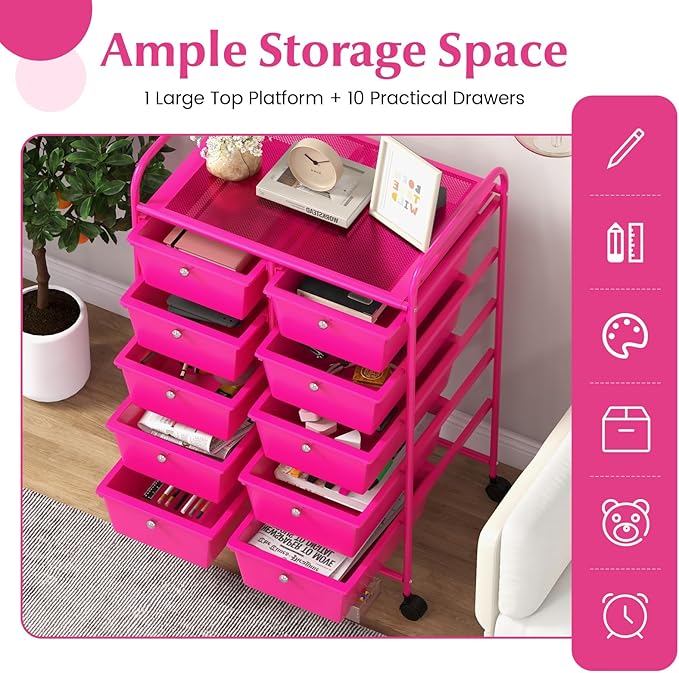 LDAILY 10 Drawer Rolling Cart, Storage Cart Organizer on Wheels, Drawer Cart - Image 4