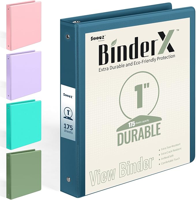 BinderX Extra Durable 3 Ring Binder, Round Rings 1 Inch Binder, Fits 175 Sheets by Sooez