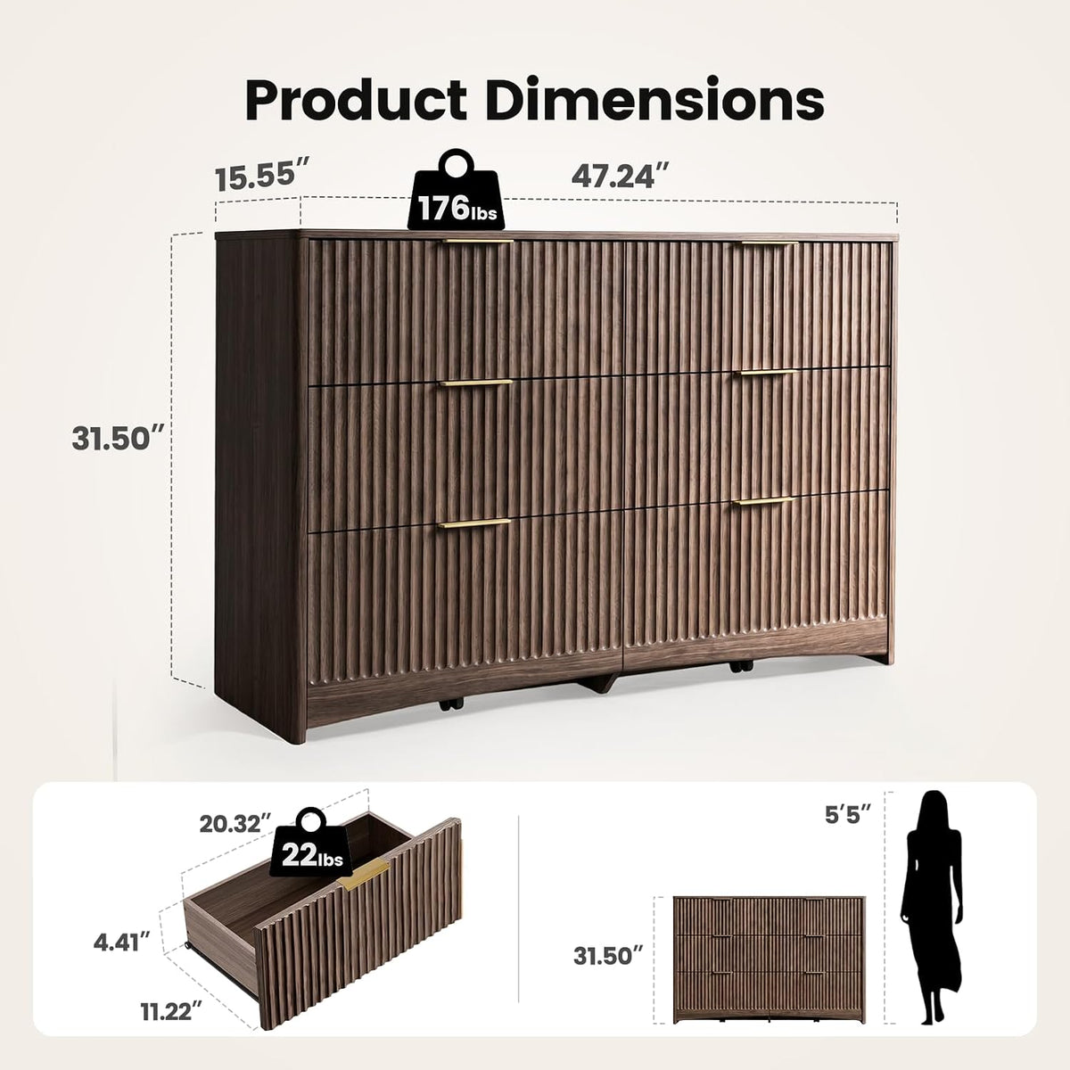 Amada Modern 6 Drawer Dresser, Fluted Wood Chest of Drawers, Walnut