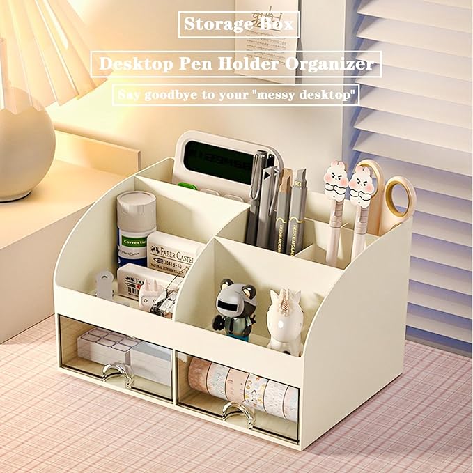 Desk Organizer with 6 Compartments and 2 Drawers, Plastic Makeup Organizer - Image 4