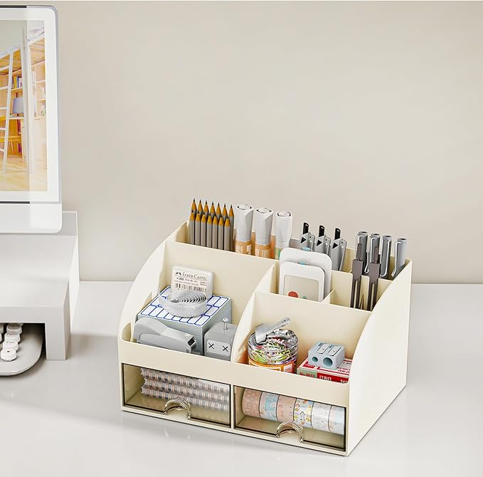 Desk Organizer with 6 Compartments and 2 Drawers, Plastic Makeup Organizer - Image 5