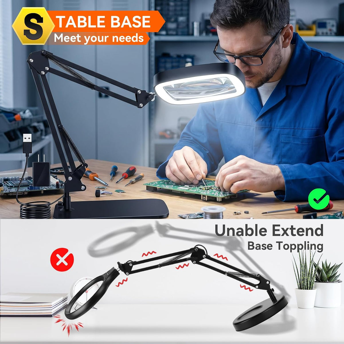 30X 10X Large Magnifying Glass with Light and Stand,Desk Lamp Magnifiers