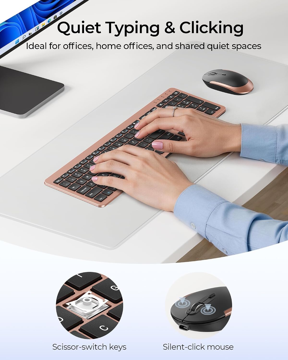 seenda Rechargeable Wireless Keyboard and Mouse Combo, Rose Gold & Black