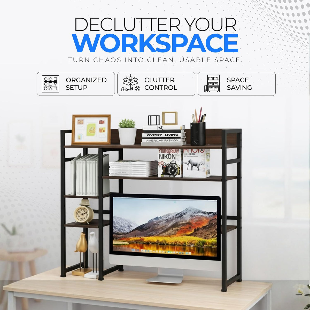 Desk Shelf Storage, 38 Inch, 4-Tier Wood Bookshelf Organizer, Computer Desk H...