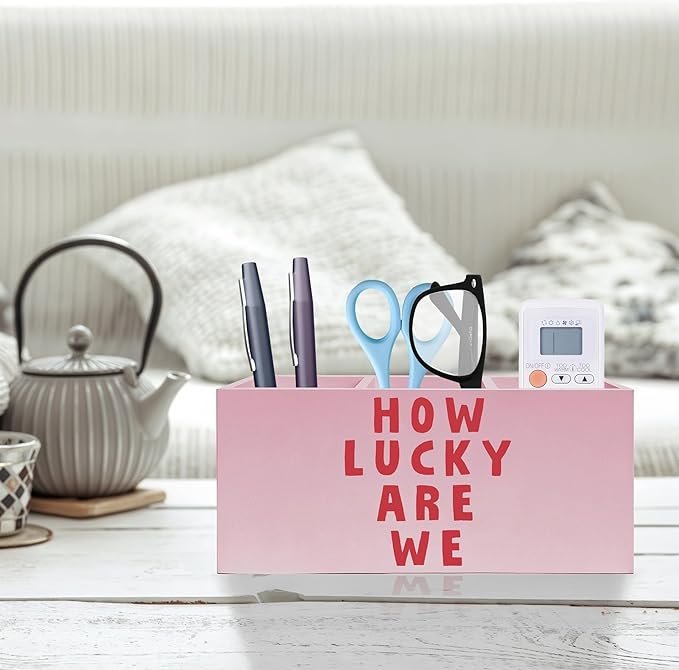 Exqcom Pink Positive Quotes Makeup Brush Holder, How Lucky Are We Pen Holder - Image 2