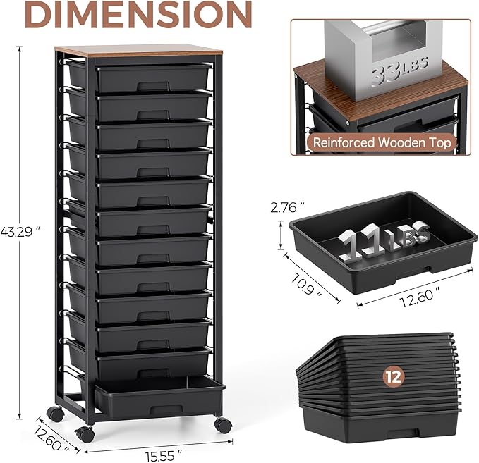 SYKIARIOL Rolling Cart with Drawers, 12 Drawer Rolling Cart, Rolling storage - Image 3