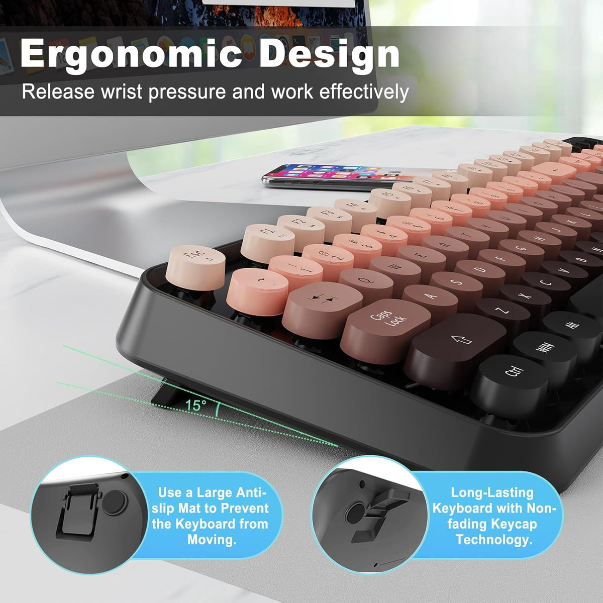 FOPETT Wireless Keyboard and Mouse Combo - 2.4G Full-Sized Cute Colorful Mous...