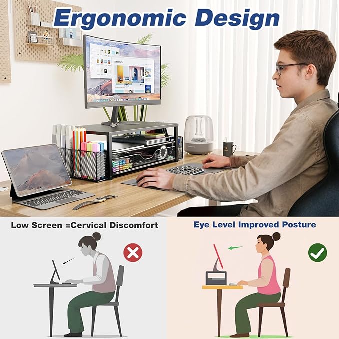 OPNICE Wood Desk Organizers and Accessories, 2-Tier Computer Monitor Stand Riser - Image 6