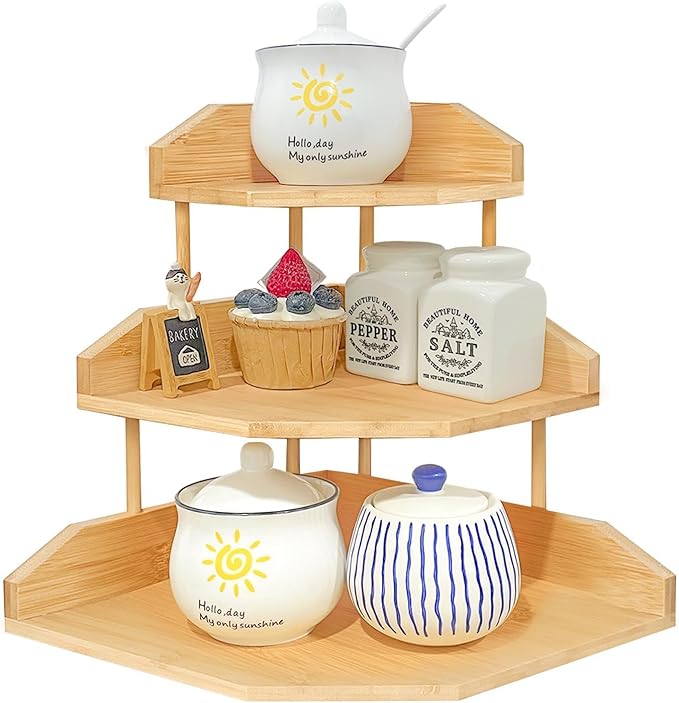 HYNAWIN Bamboo Corner Desk Organizer Shelf, 3-Tier Triangle Storage Rack - Image 3