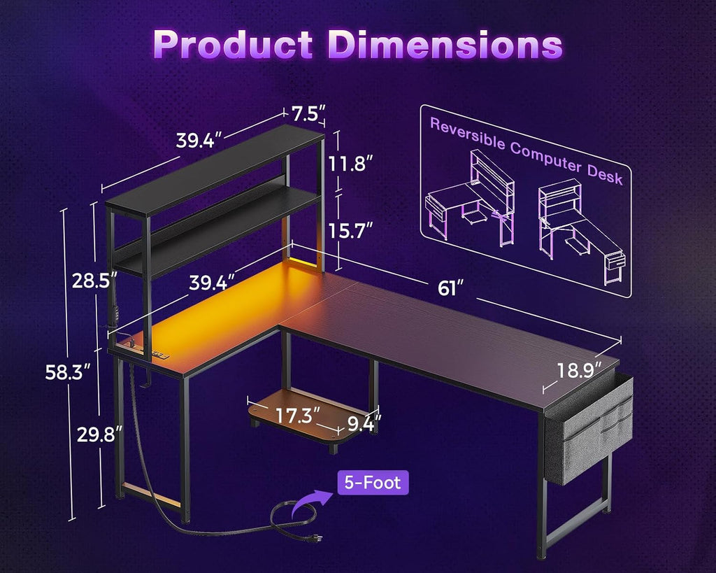 ODK 61" L Shaped Gaming Computer Desk with Shelves, LED & Outlets, Black | Headset hook. Storage bag. Shelves for books & supplies. LED for gaming nights. Reversible. Room for multiple monitors.