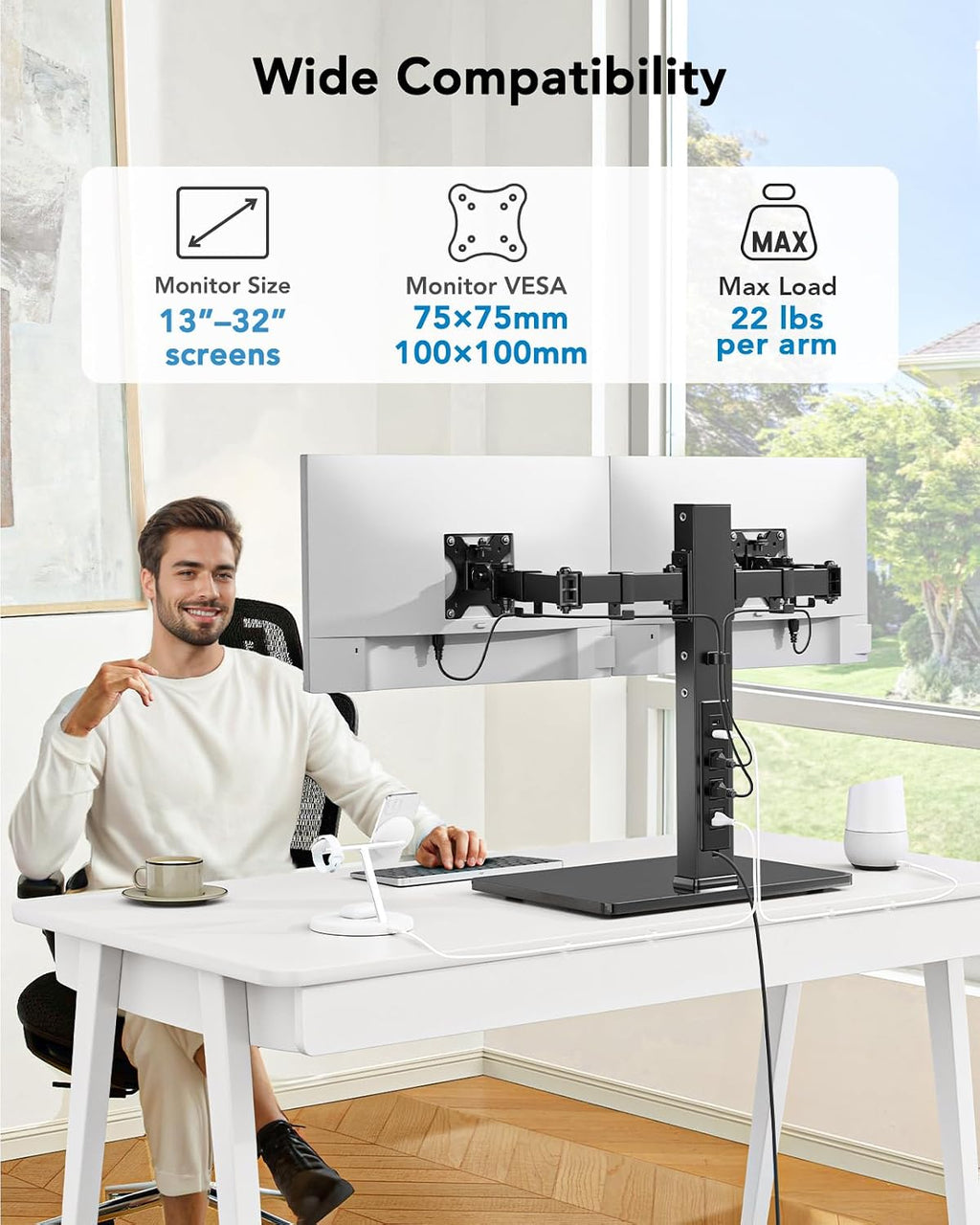huanuo dual monitor mount with power outlet, computer shown in use