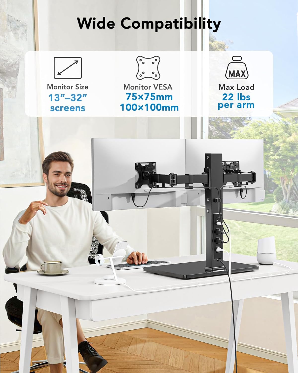 huanuo dual monitor mount with power outlet, computer shown in use