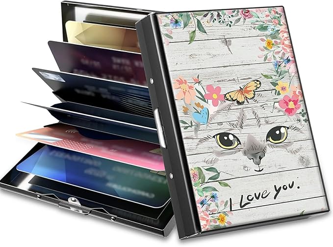 BWEGRHE Slim Credit Card Holder, Cat Flowers RFID Blocking Metal Wallet by BWEGRHE