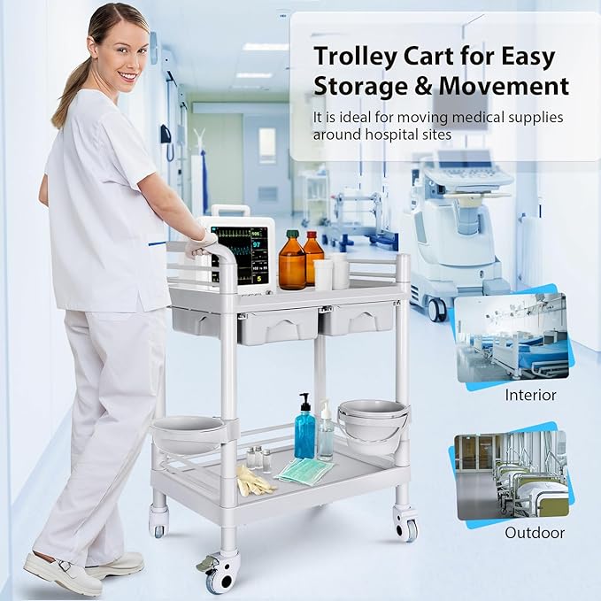Medical Mobile Trolley Cart 2-Shelf 220 LBS Max Load Rolling Utility Cart Heavy - Image 7