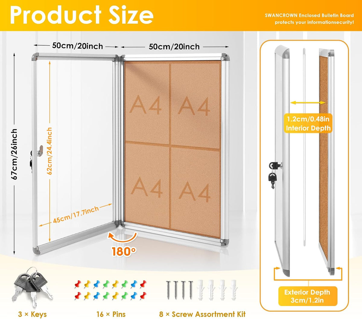SWANCROWN 26x20 in Enclosed Bulletin Board, Lockable Cork Board Wall 4xA4