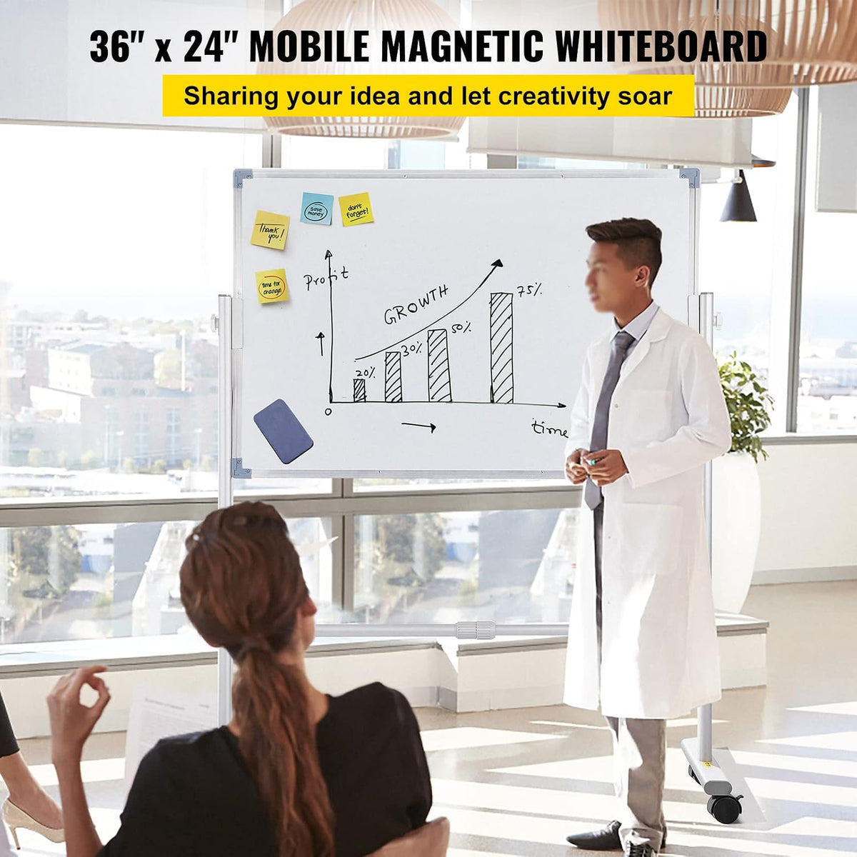 VEVOR Mobile Magnetic Whiteboard, 36 x 24 Inch, Double Sided, 360 Degree Reve...