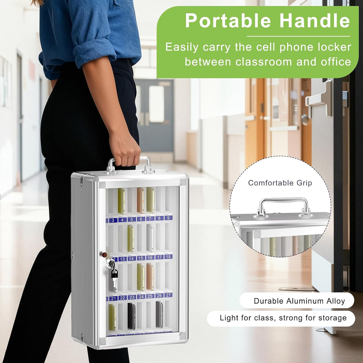 Aluminum Alloy Cell Phone Lock Box Holder for Classroom, 36 Slots, Silver