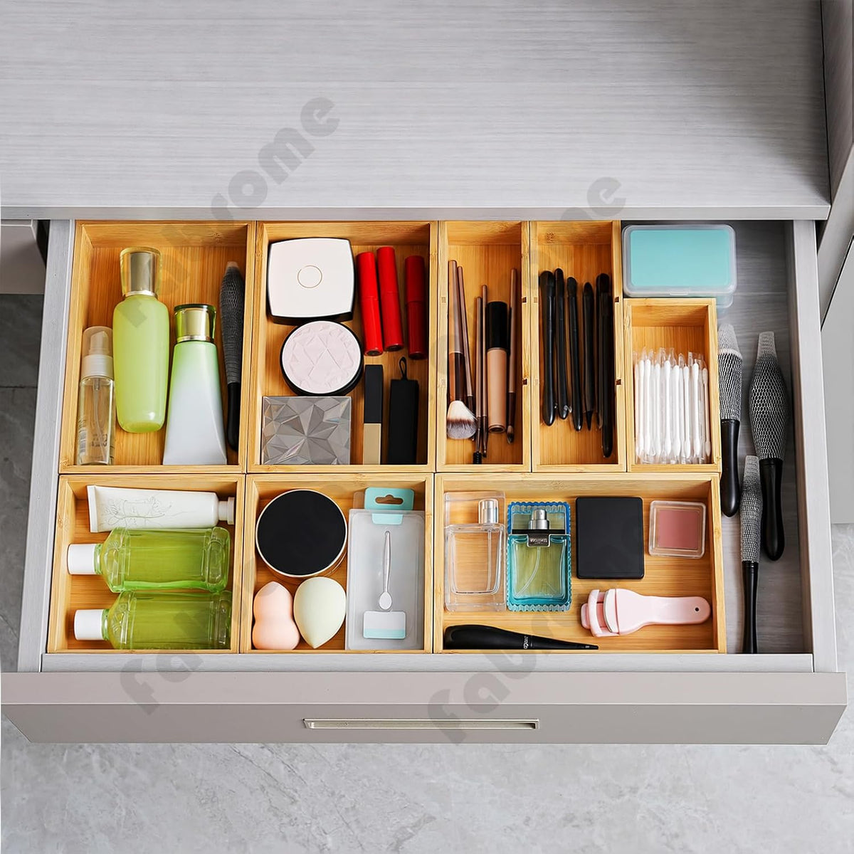 fabsome drawer organizer, set of 9 bamboo wood shown in use