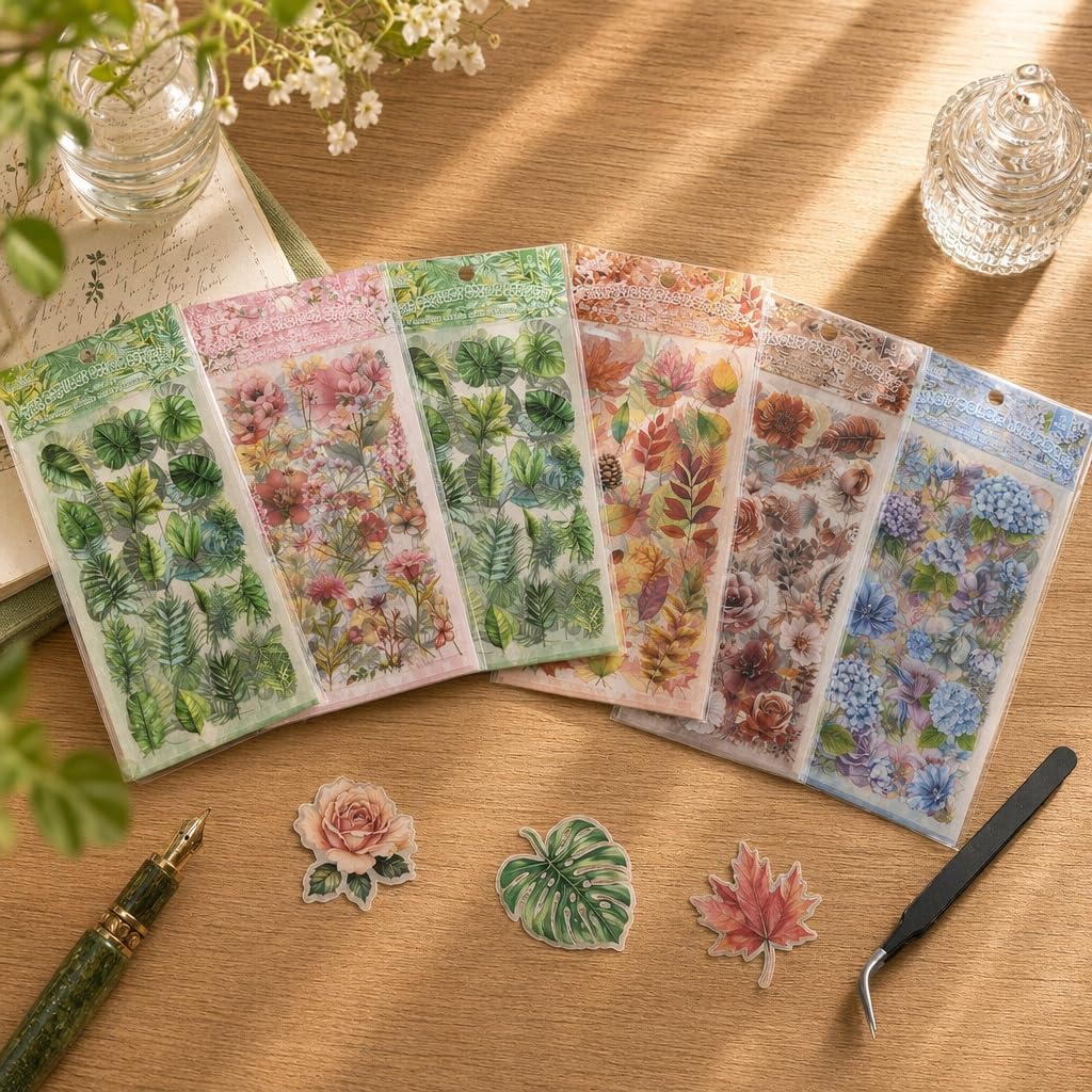 Flower Stickers 576+ PCS Vintage Floral PET with Metal Tweezer | Transparent PET, Waterproof, 36 Sheets Floral Designs, Pre-Cut, Scrapbook Decorations For Scrapbooks & Collage Journals