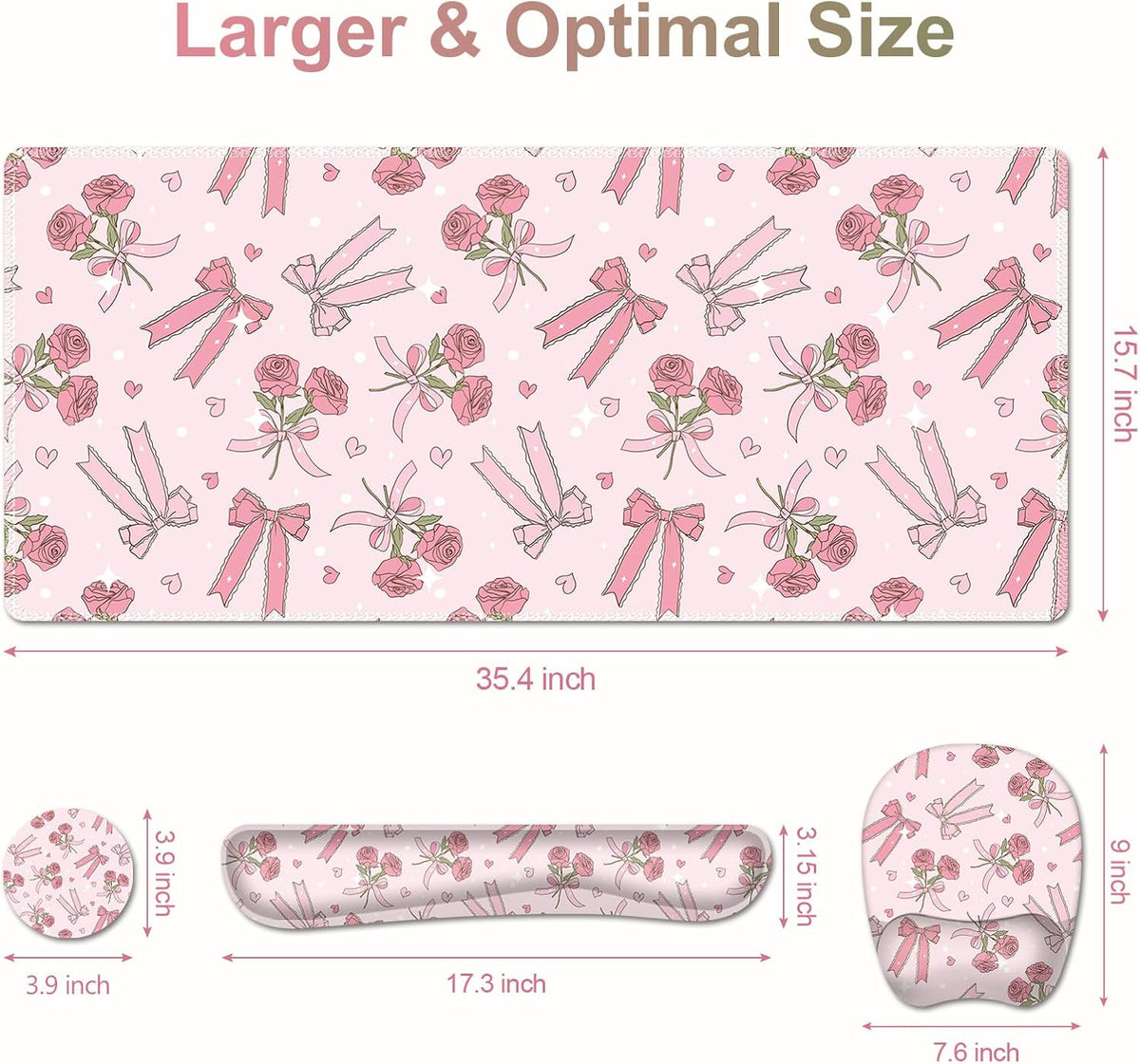Pink Mouse Pad with Wrist Support 4 in1 Set, XXL Big Game Mousepad + Keyboard...