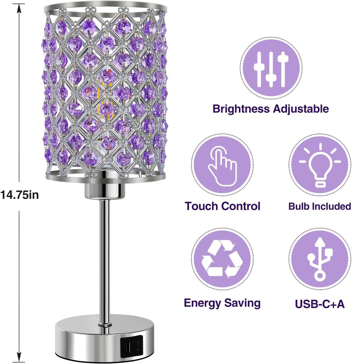 Crystal Table Lamp, Purple Touch Lamp with USB C+A Port, 3-Way Dimmable