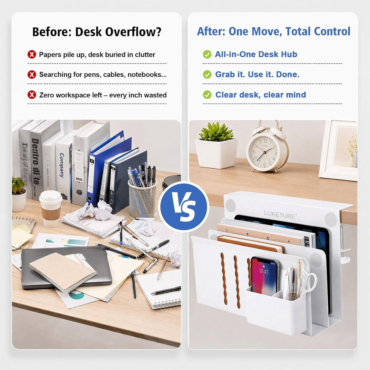 LUKETURE 2 Tier Desk Side Storage, No Drill Laptop Mount with Pen Holder