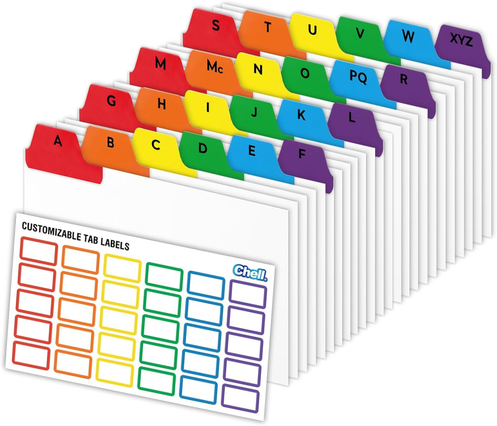 Chell 3"x5" Index Card Dividers, A-Z Tabbed, with Blank Stickers, 1 Set | Bright Colors, Heavyweight, Made of 110 lb. Cover Weight Paper, Alphabetical, Blank Stickers