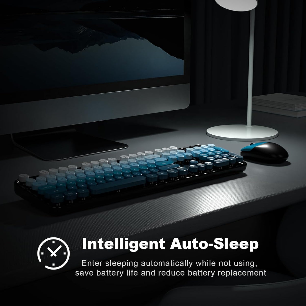 MOWUX Wireless Keyboard and Mouse Combo, Full Size Typewriter Retro Round Com...