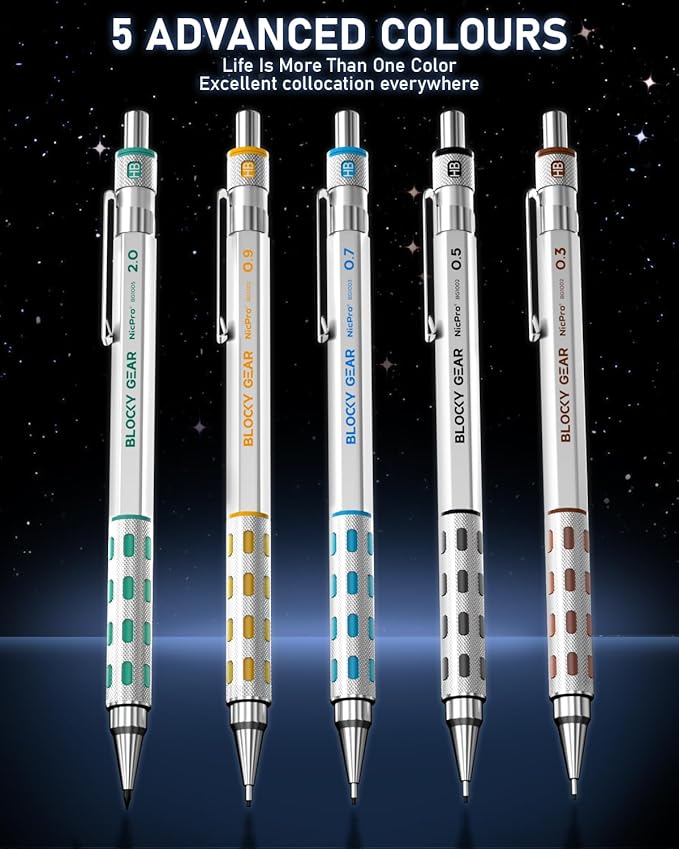 Nicpro Blocky Gear Metal Mechanical Pencil Set in Leather Case, 0.9&2mm Lead - Image 2