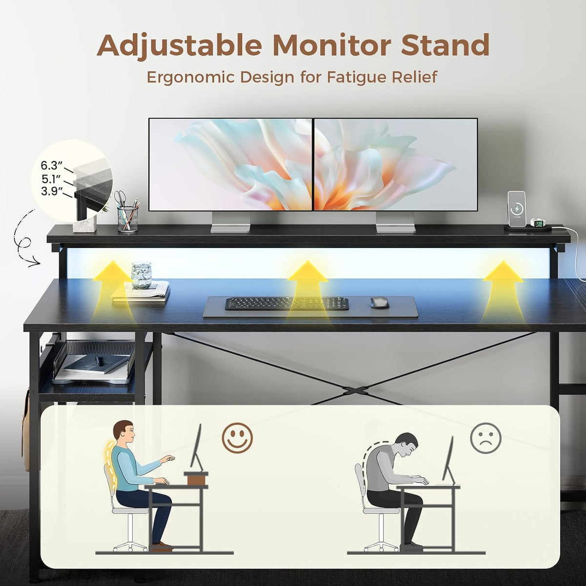 AODK 69" L Shaped Computer Desk with 4 Drawers, LED Lights, Black