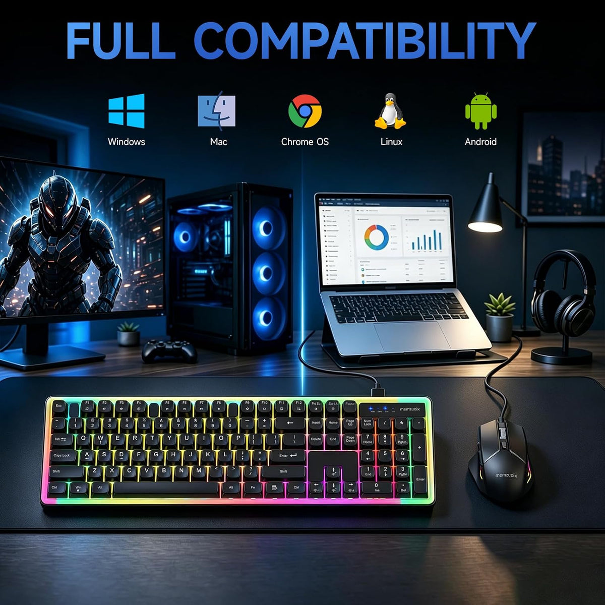 Wired RGB Keyboard and Mouse Combo, Adjustable Rainbow Backlit, 104-Key Full-...